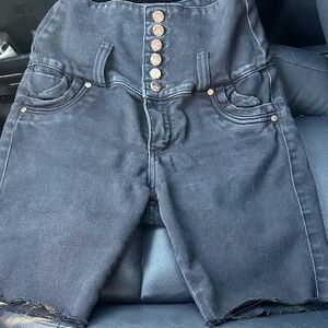 Dark Denim High-Waisted Shorts with Button Accents